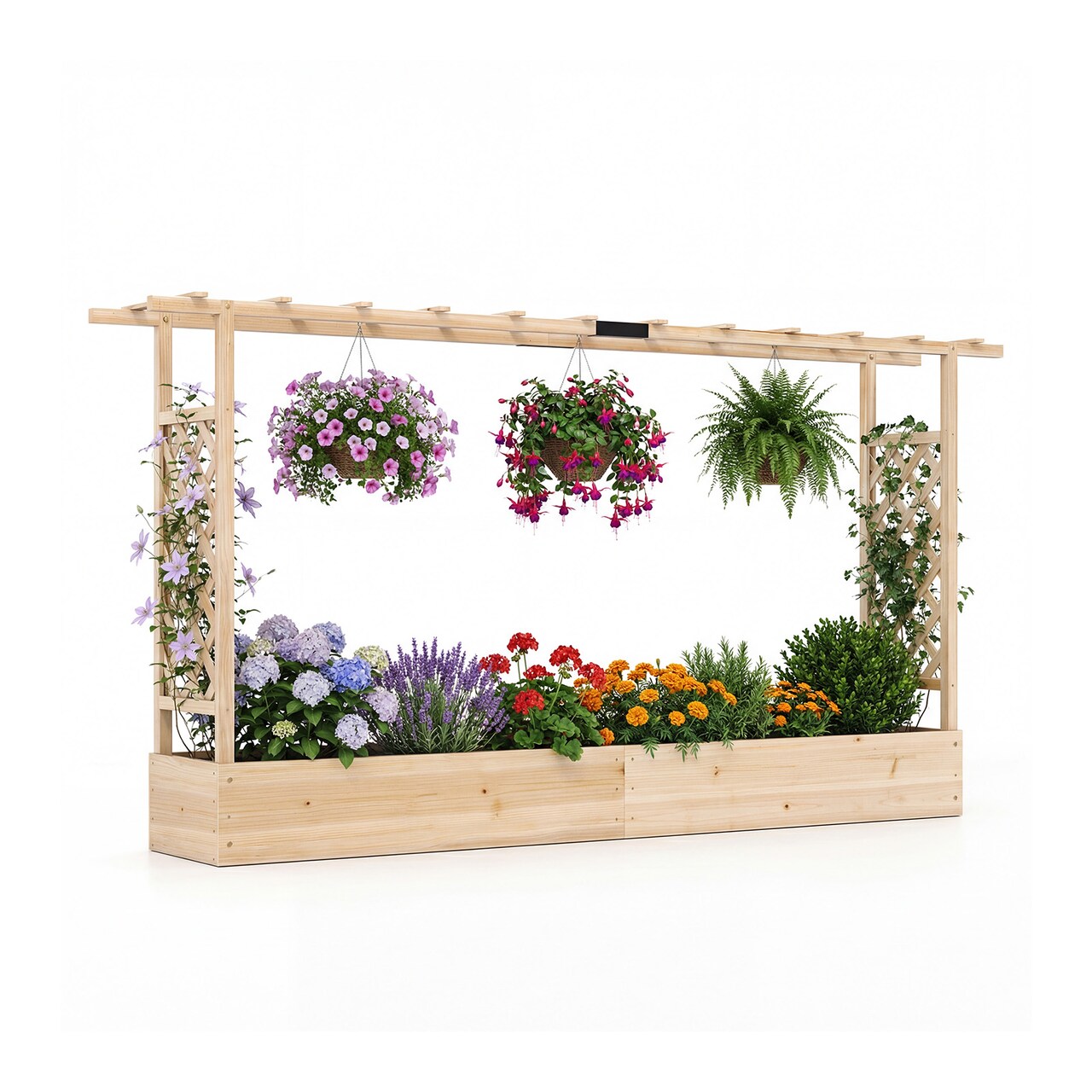 45" Wooden Elevated Garden Planter with Side Trellis, Roof and Drainage System